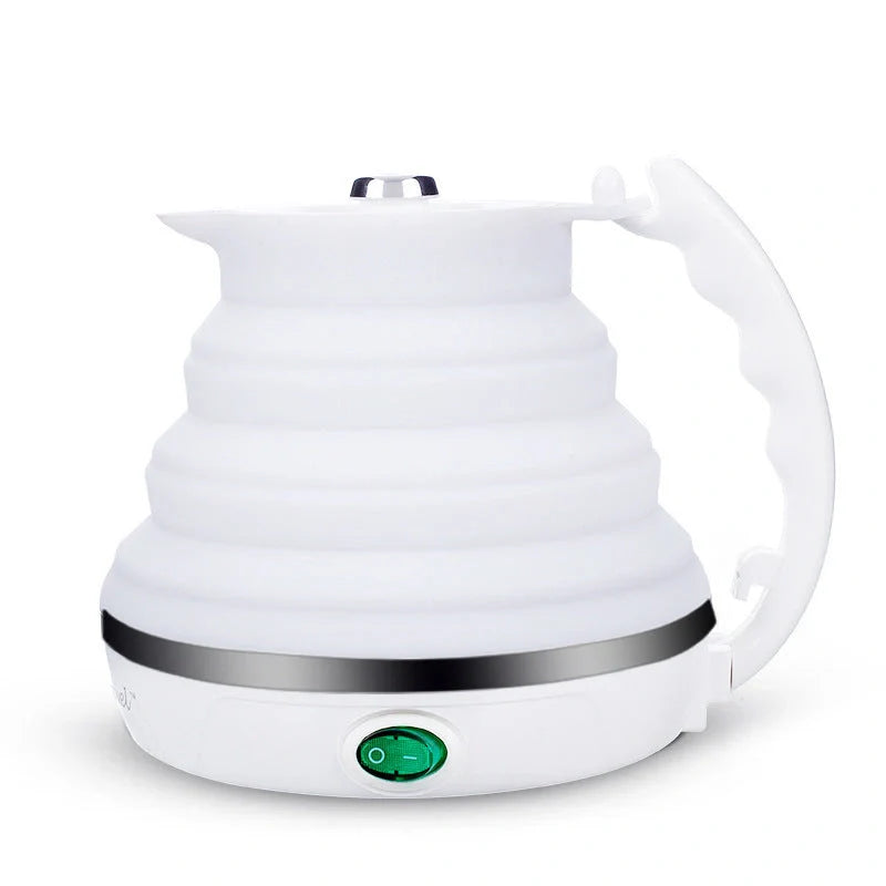 Foldable Electric Kettle in white, blue, and pink with UK, US, and EU plug options