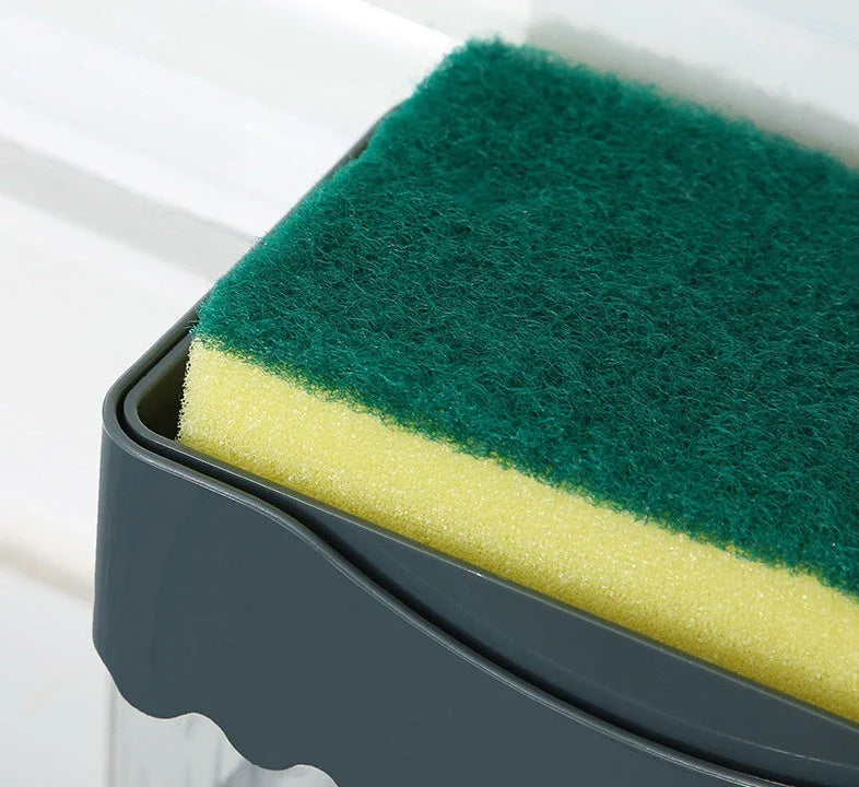 Sleek 2-in-1 soap dispenser and sponge caddy with push-button operation, modern design, and large 380ml capacity