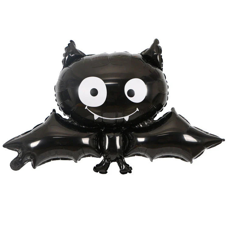 Spooky Halloween balloon decorations featuring pumpkins and bats in various styles