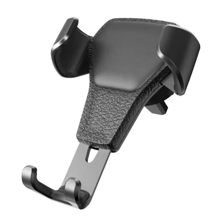 Leather grain gravity mobile phone car holder in black and white, securing a smartphone in a car