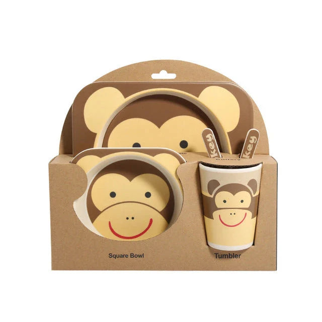 Five-piece bamboo fibre children's tableware set with plates, bowls, cups, spoons, and forks in various animal-themed designs