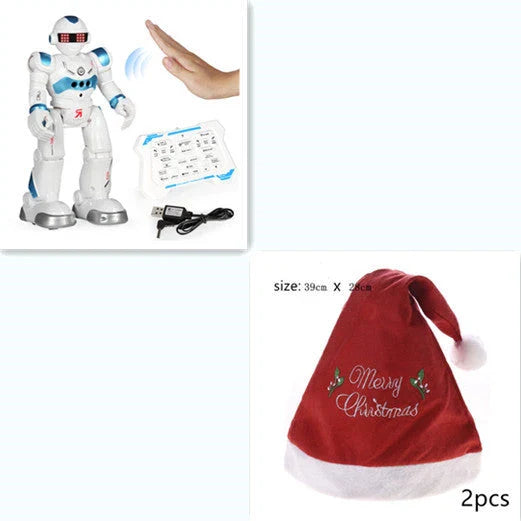 Remote-controlled dancing robot toy with gesture-sensing controls, preprogrammed songs and dances, and customizable programming capabilities