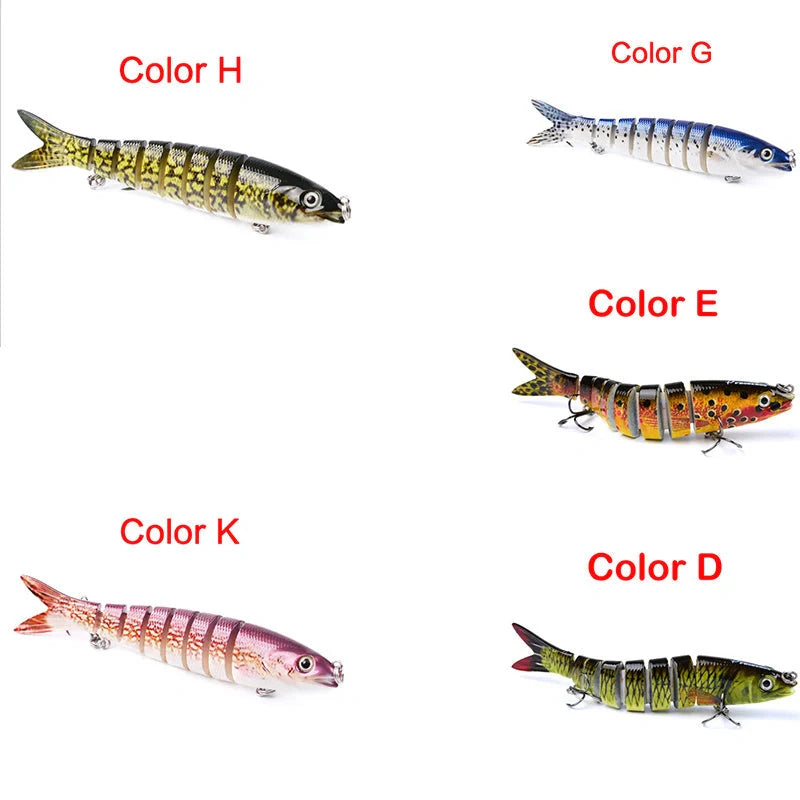 Multi-jointed pike fishing lure with light reflection and sound attraction features