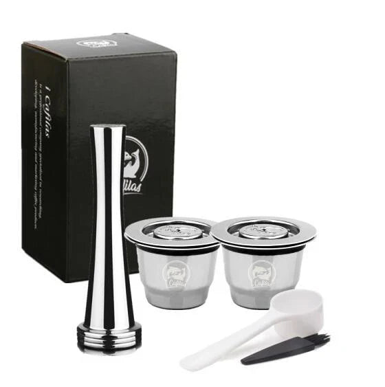 Premium stainless steel coffee capsule holder with integrated tamper for easy organization and perfect espresso extraction