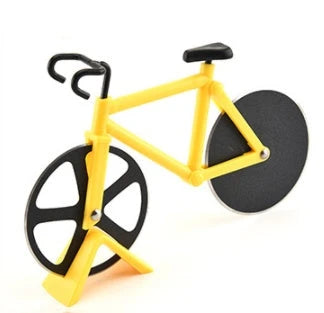 Stainless steel pizza cutter with modern bicycle-inspired design for effortless slicing of pizzas, flatbreads, and more