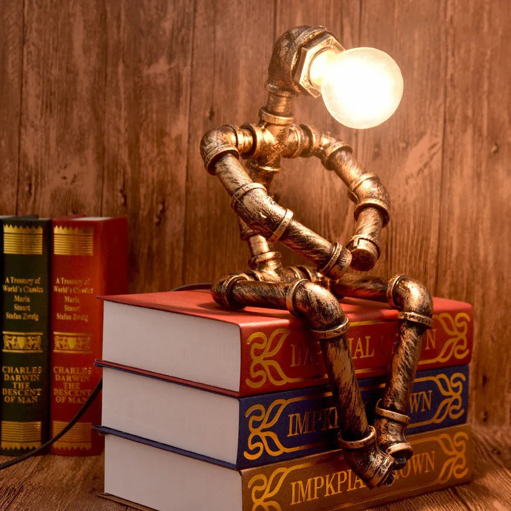Vintage Industrial Table Lamp with Retro Water Pipe Design in Green Bronze Finish