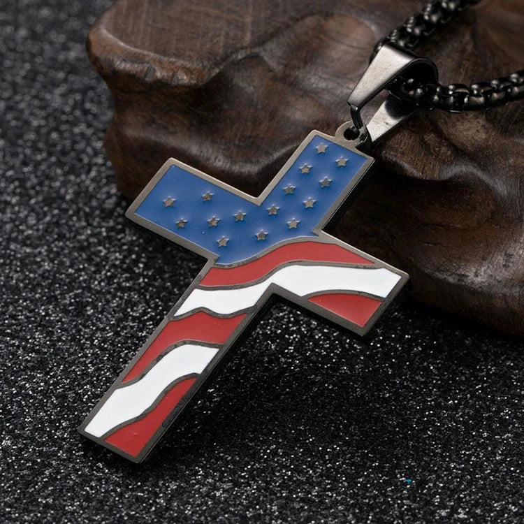 Stainless steel flag cross necklace for men, geometric design, polished finish.