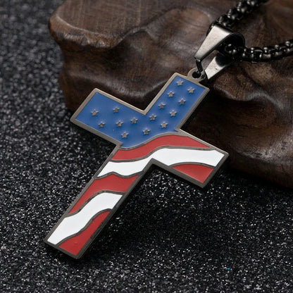 Stainless steel flag cross necklace for men, geometric design, polished finish.