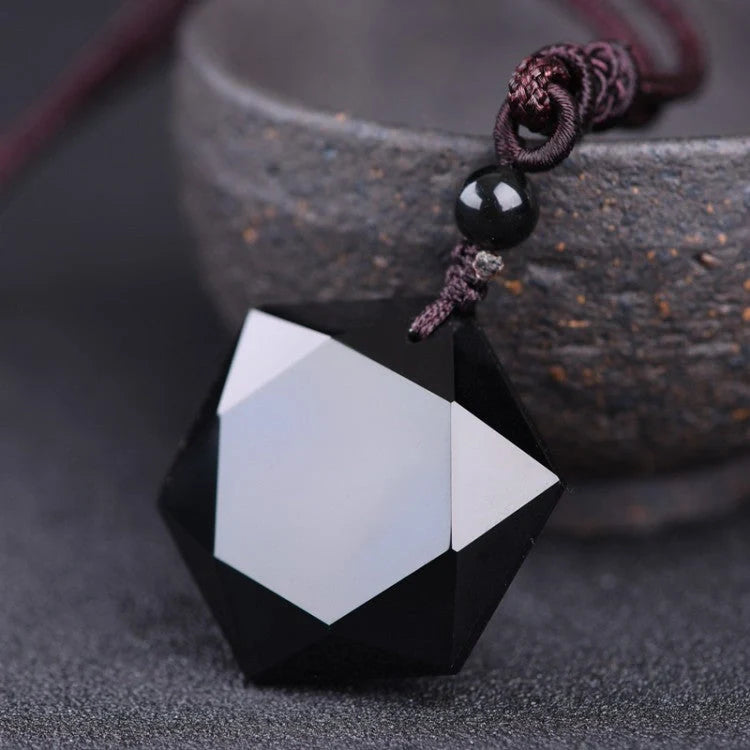 Handcrafted obsidian six-pointed star pendant sweater chain, elegant and unique jewellery piece