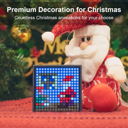 Bluetooth speaker with programmable LED display for pixel art creation, alarm clock, and DJ sound effects