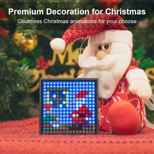 Bluetooth speaker with programmable LED display for pixel art creation, alarm clock, and DJ sound effects