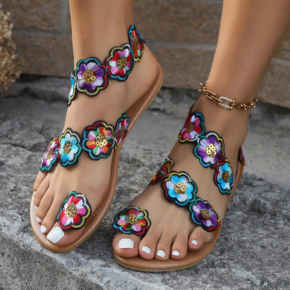 Ethnic style flowers flat sandals for women with fish mouth toe and floral design