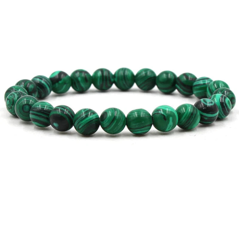 Classic black matte green malachite bracelets with elastic strand for unisex wear