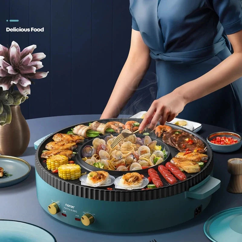 Green multifunctional roasting-shabu one-piece pot with 1400W power