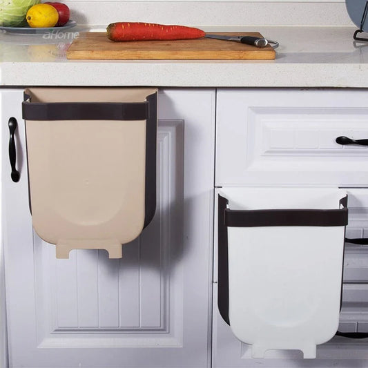 Foldable wall-mounted bin in brown and white colours, with a spacious 9-litre capacity and a sleek, space-saving design