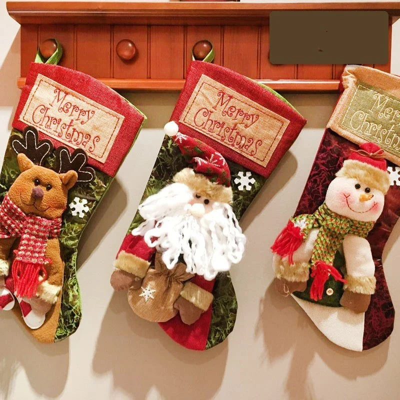 Festive Christmas stockings with 3D appliqués of snowmen, Santa Claus, and elk