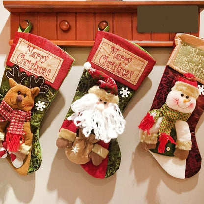 Festive Christmas stockings with 3D appliqués of snowmen, Santa Claus, and elk
