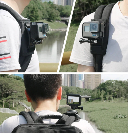 Camera backpack clip holder in black, made from POM/PVC plastic and polyester cloth, weighing 69.5 g