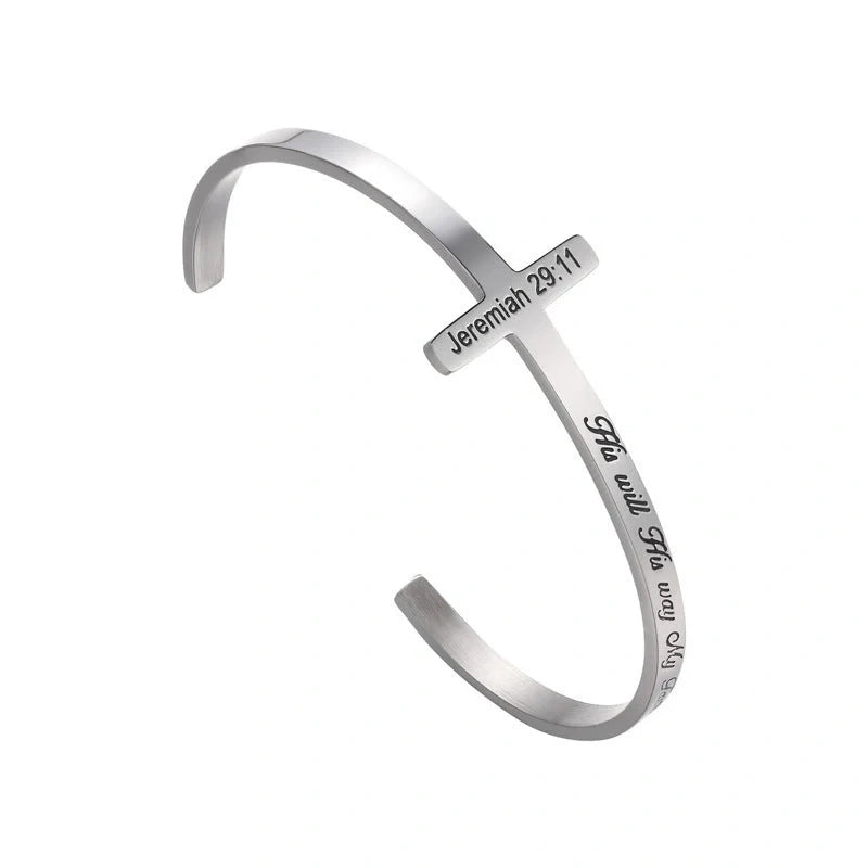 Titanium steel bracelet with scripture cross lettering in silver