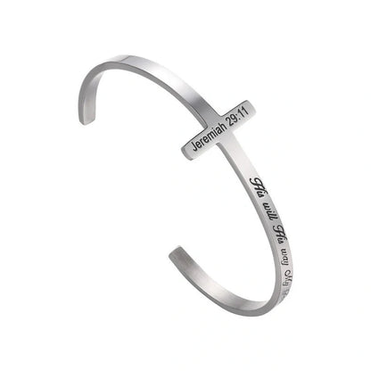 Titanium steel bracelet with scripture cross lettering in silver