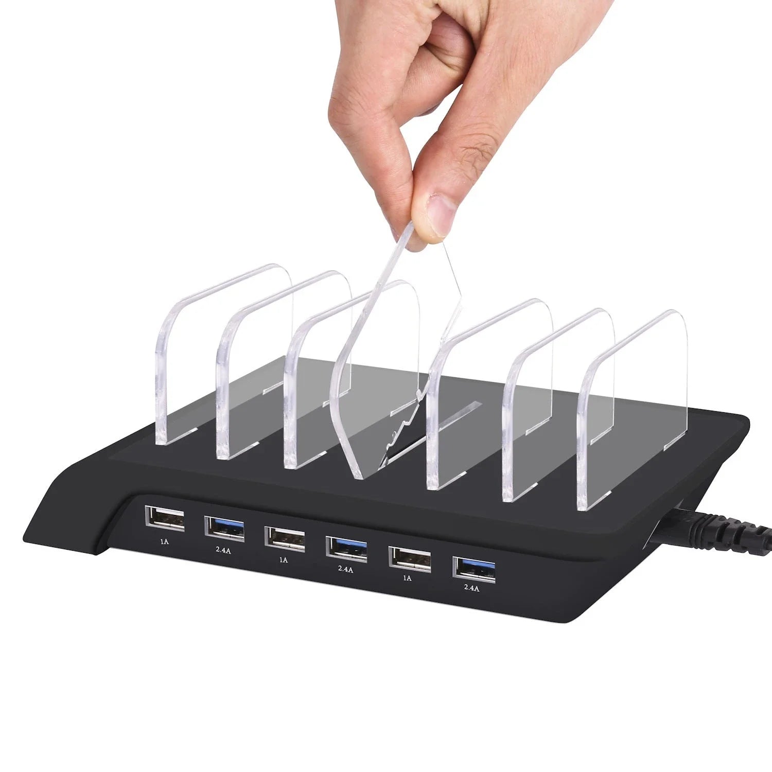 Premium 6-port USB charging hub with intelligent fast charging and charging status reminder, designed for UK smartphone users
