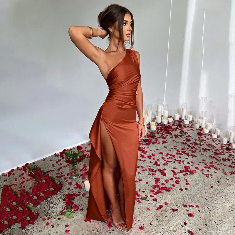 Stunning one-shoulder backless slit dress in various vibrant colors for summer elegance