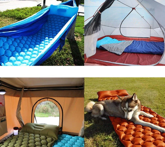 Outdoor Camping Inflatable Honeycomb Mattress in various colors with carrying bag