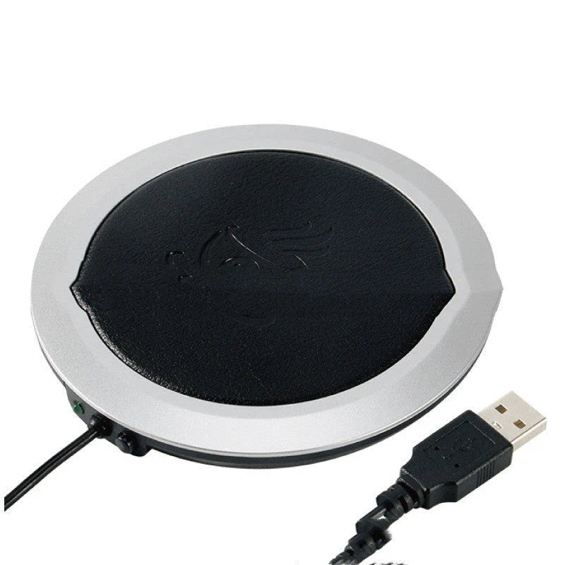 Sleek USB-powered cup warmer in various colors, keeping drinks hot and toasty