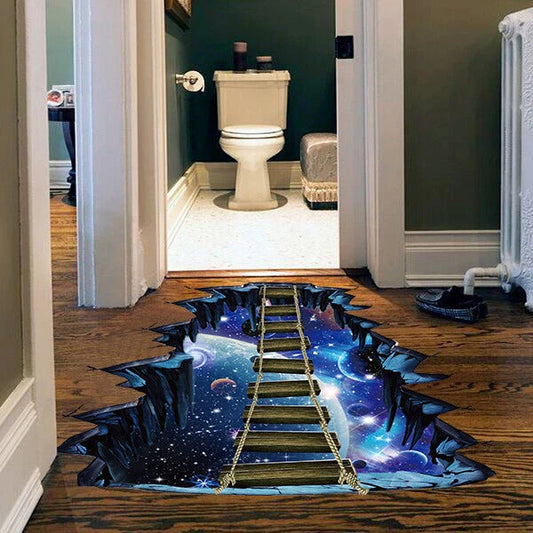 Vibrant 3D wall sticker featuring a creative cosmic design with planets, suspension bridge, and space elements