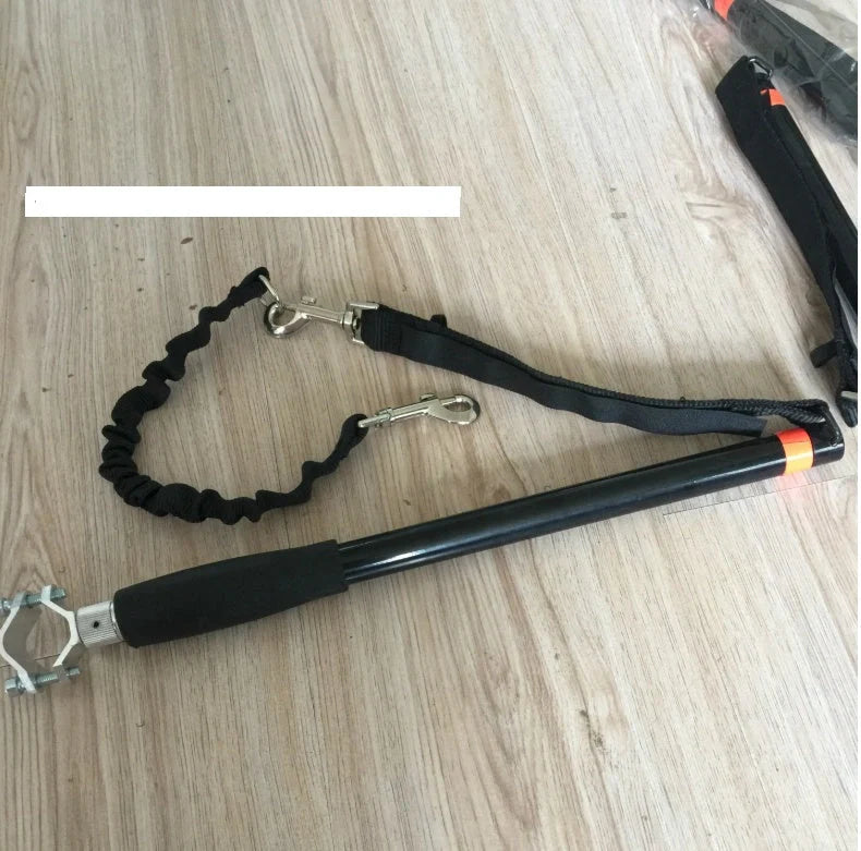 Bicycle walking dog leash with stainless steel rod and rubber band, black color, 45cm by 78cm