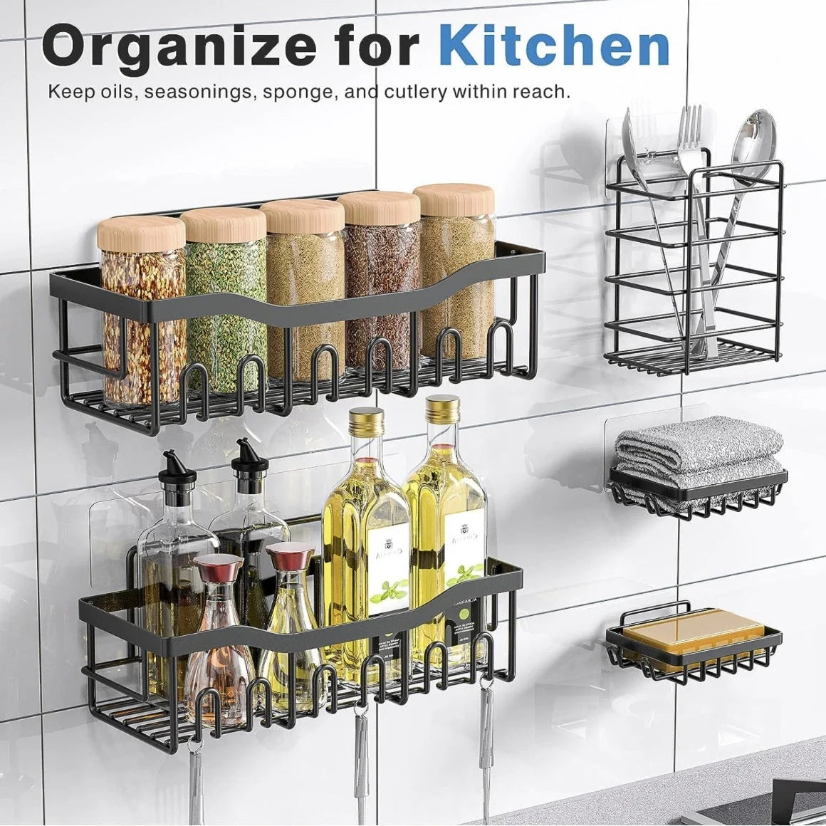 Sleek no-drill bathroom organiser rack set in carbon steel, perfect for clutter-free storage
