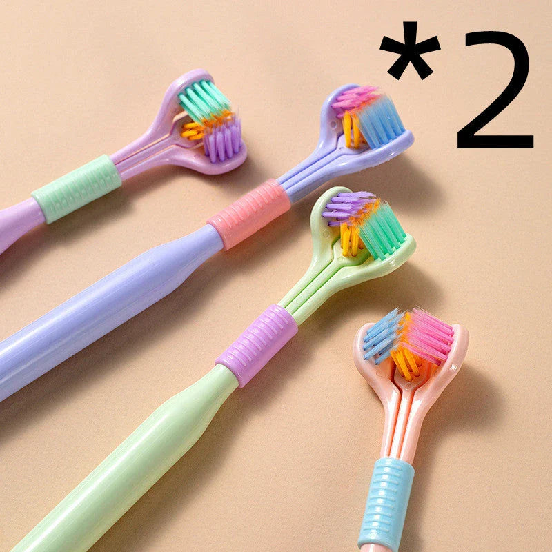 Soft bristle toothbrush with 3-sided brush head for thorough dental cleaning