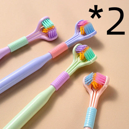 Soft bristle toothbrush with 3-sided brush head for thorough dental cleaning