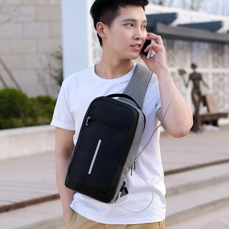 Anti-theft USB charging chest bag in polyester with laptop pocket