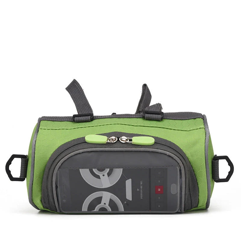 Premium waterproof bicycle handlebar bag made of durable polyester, with ample storage space for a smartphone and other cycling essentials.