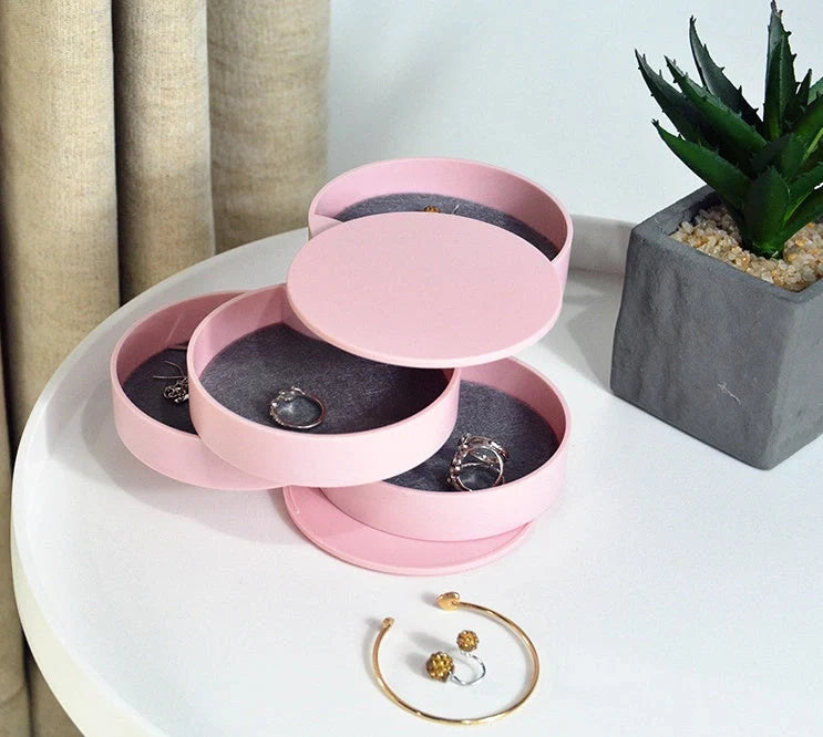Plastic jewelry box storage container with 360-degree rotation and four-tier organizer