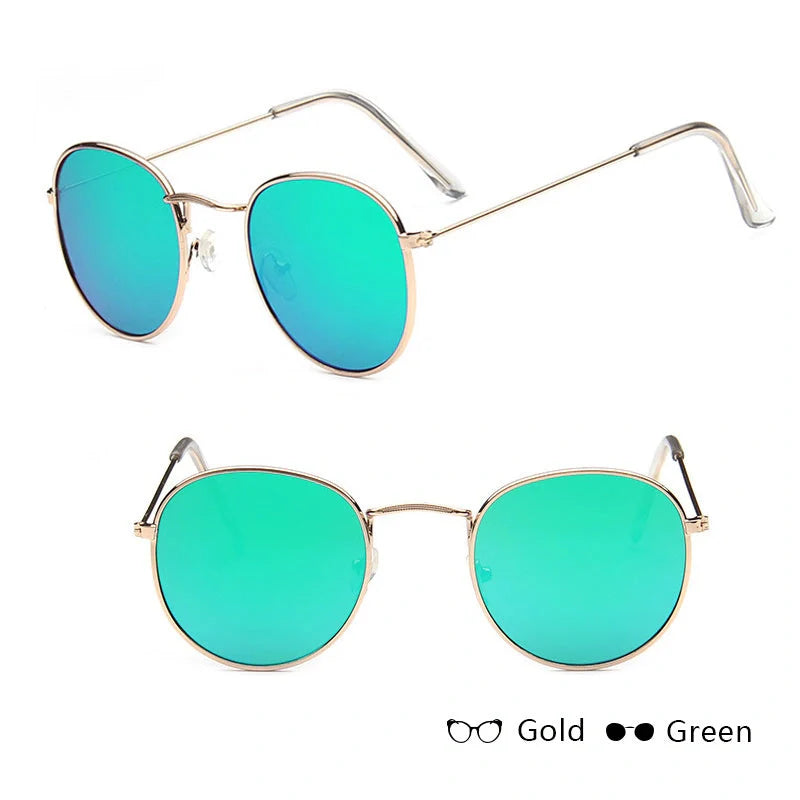 Women's retro metal sunglasses with round frame in gold and silver options