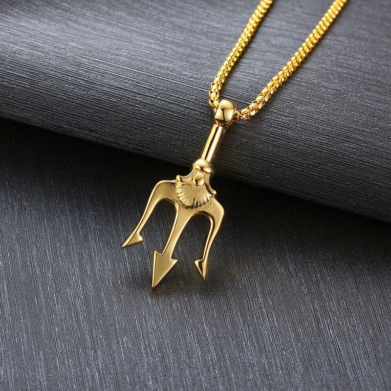 Men's Poseidon Trident Pendant Necklace in titanium steel, available in three colours.