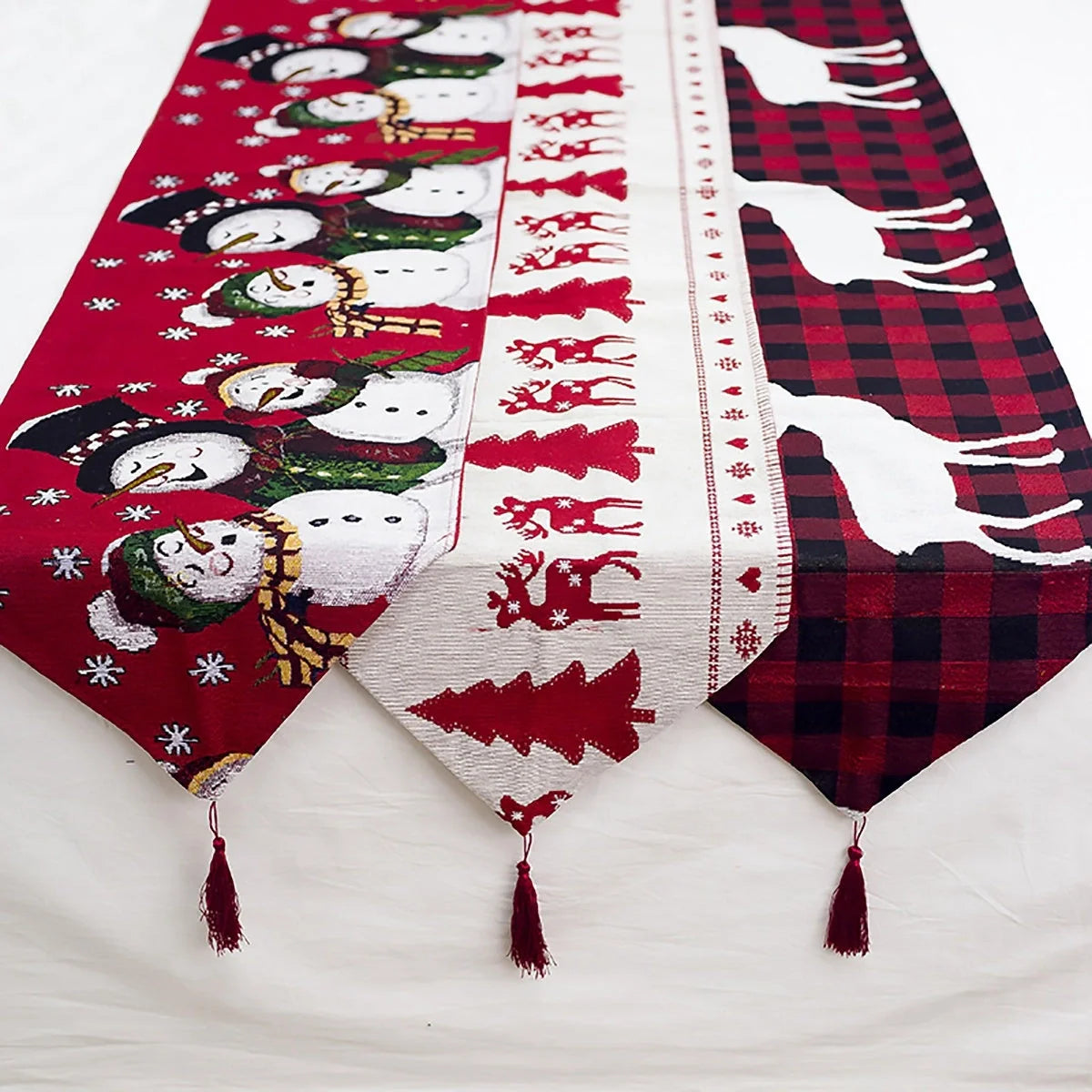 Christmas Elk Snowman Table Runner on a dining table, festive holiday decor