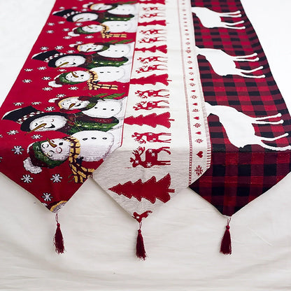 Christmas Elk Snowman Table Runner on a dining table, festive holiday decor