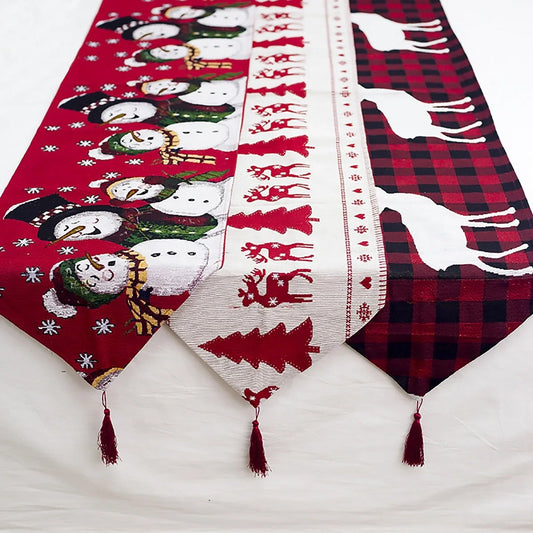 Christmas Elk Snowman Table Runner on a dining table, festive holiday decor