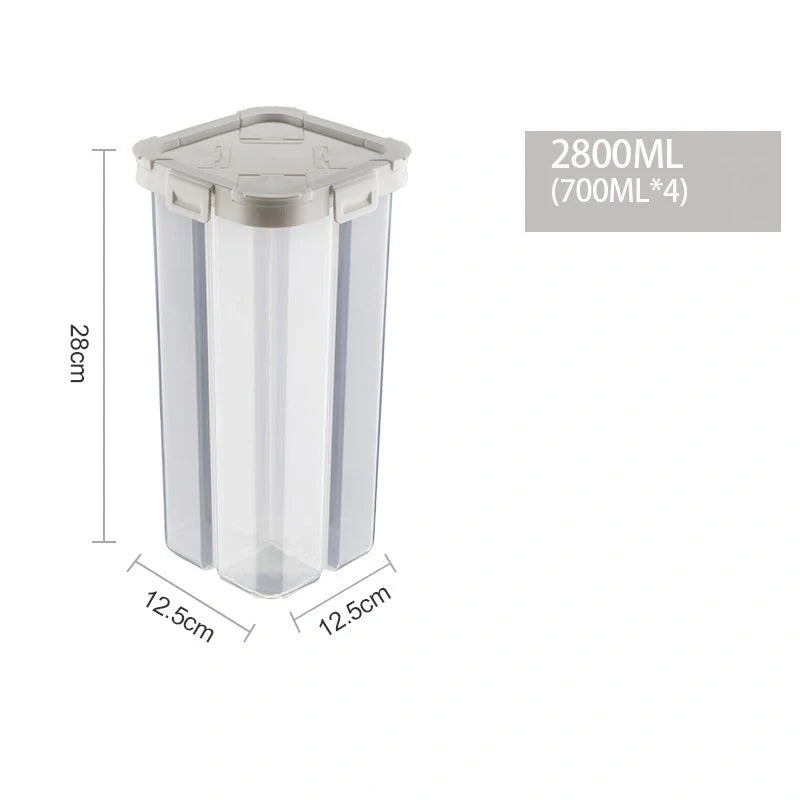 Transparent whole grain storage box with four-point design and durable seal