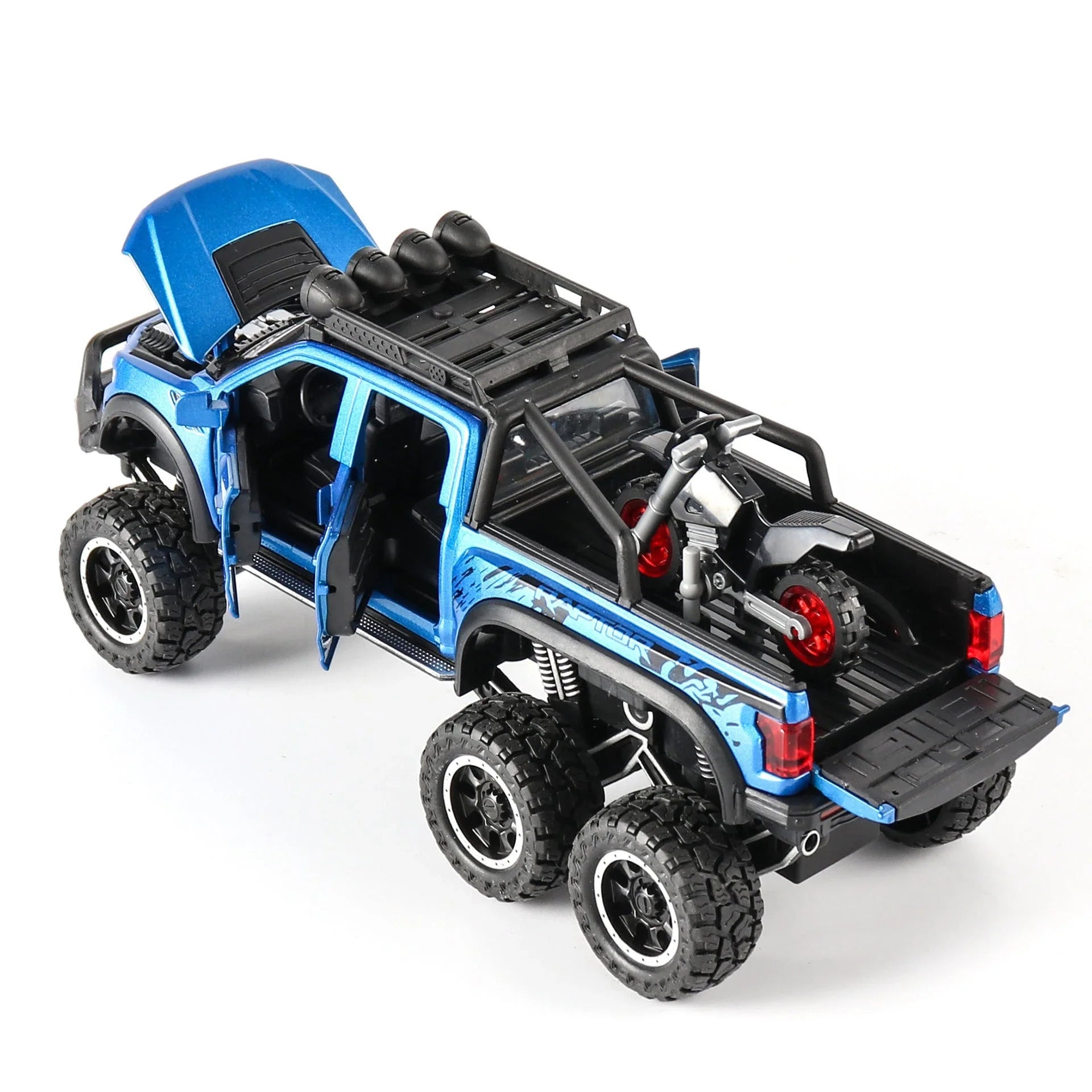 Exquisite 1:28 scale Ford off-road alloy toy car with simulated sound and light effects, damping spring, and six functional doors