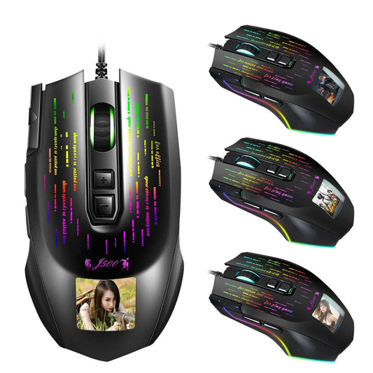 Advanced wired gaming mouse with personalized photo display, customizable RGB lighting, and precision Pixart 3325 sensor