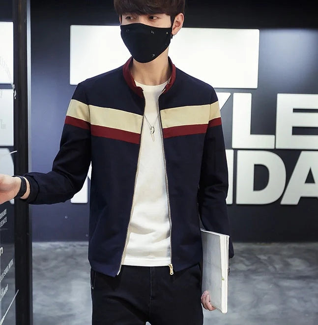 Men's Korean-style single-breasted casual jacket in cotton, available in green and navy blue
