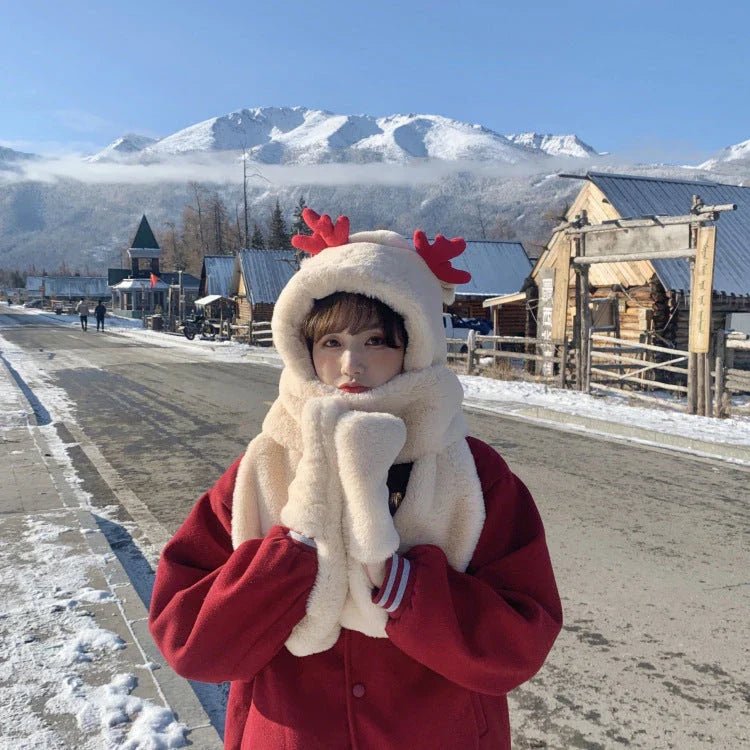 Cozy knit hat, scarf, and glove set in three color options for winter weather protection and style