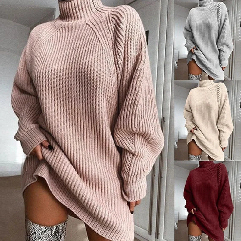 Women's winter turtleneck long sweater dress in imitation cotton, available in multiple colours