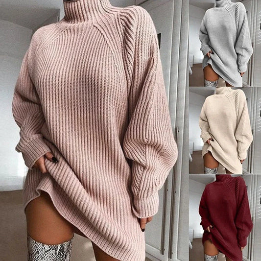 Women's winter turtleneck long sweater dress in imitation cotton, available in multiple colours