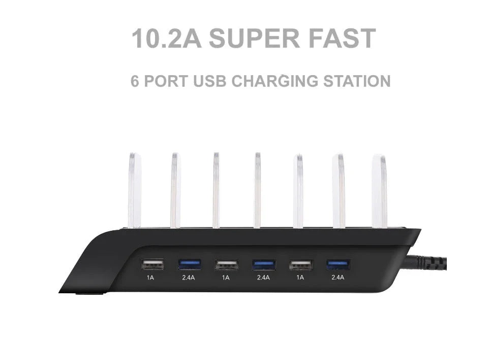 Premium 6-port USB charging hub with intelligent fast charging and charging status reminder, designed for UK smartphone users