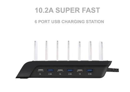 Premium 6-port USB charging hub with intelligent fast charging and charging status reminder, designed for UK smartphone users